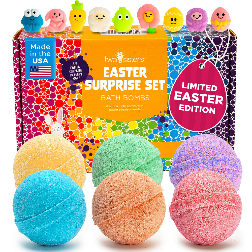 Two Sisters Easter Bath Bombs packaging shown in bright gift-ready box for kids