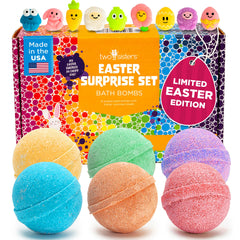 Two Sisters Easter Bath Bombs packaging shown in bright gift-ready box for kids