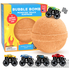 Two Sisters monster truck bath bomb reveals a toy inside for kids' bath-time fun.