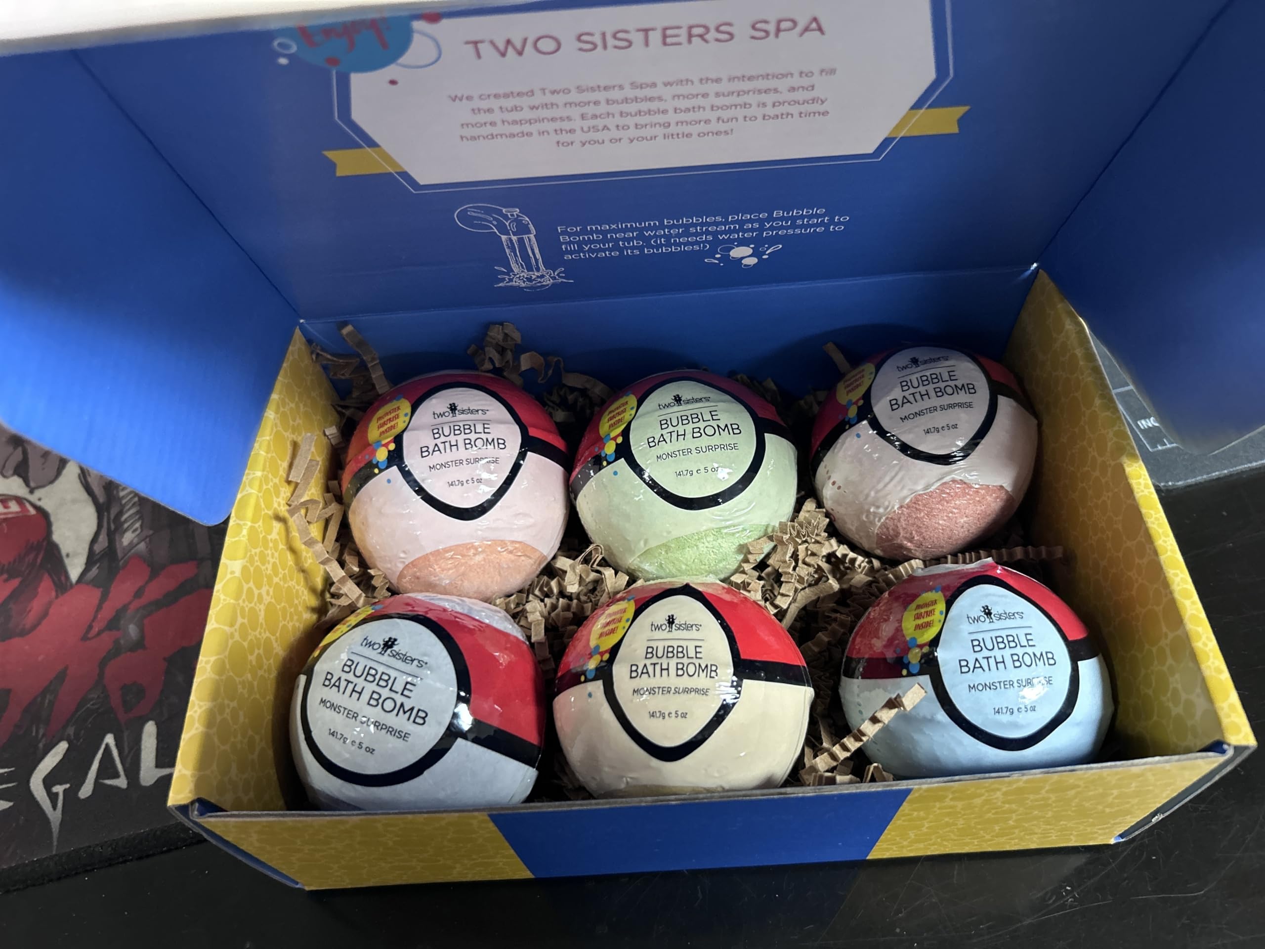 Two Sisters Poke Monster bath bomb pocket beast inside sparks curiosity during bath.