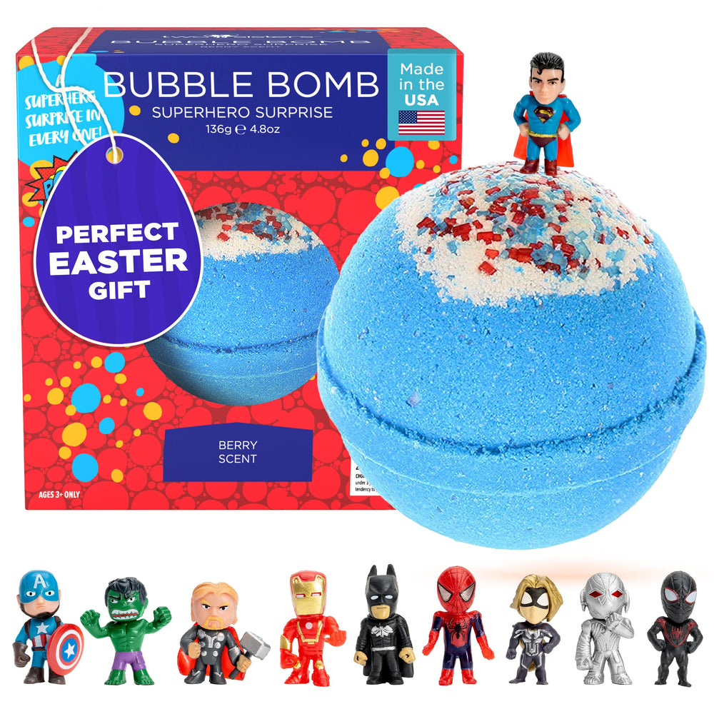 Two Sisters superhero bath bomb reveals toy inside, enhancing bath time play.