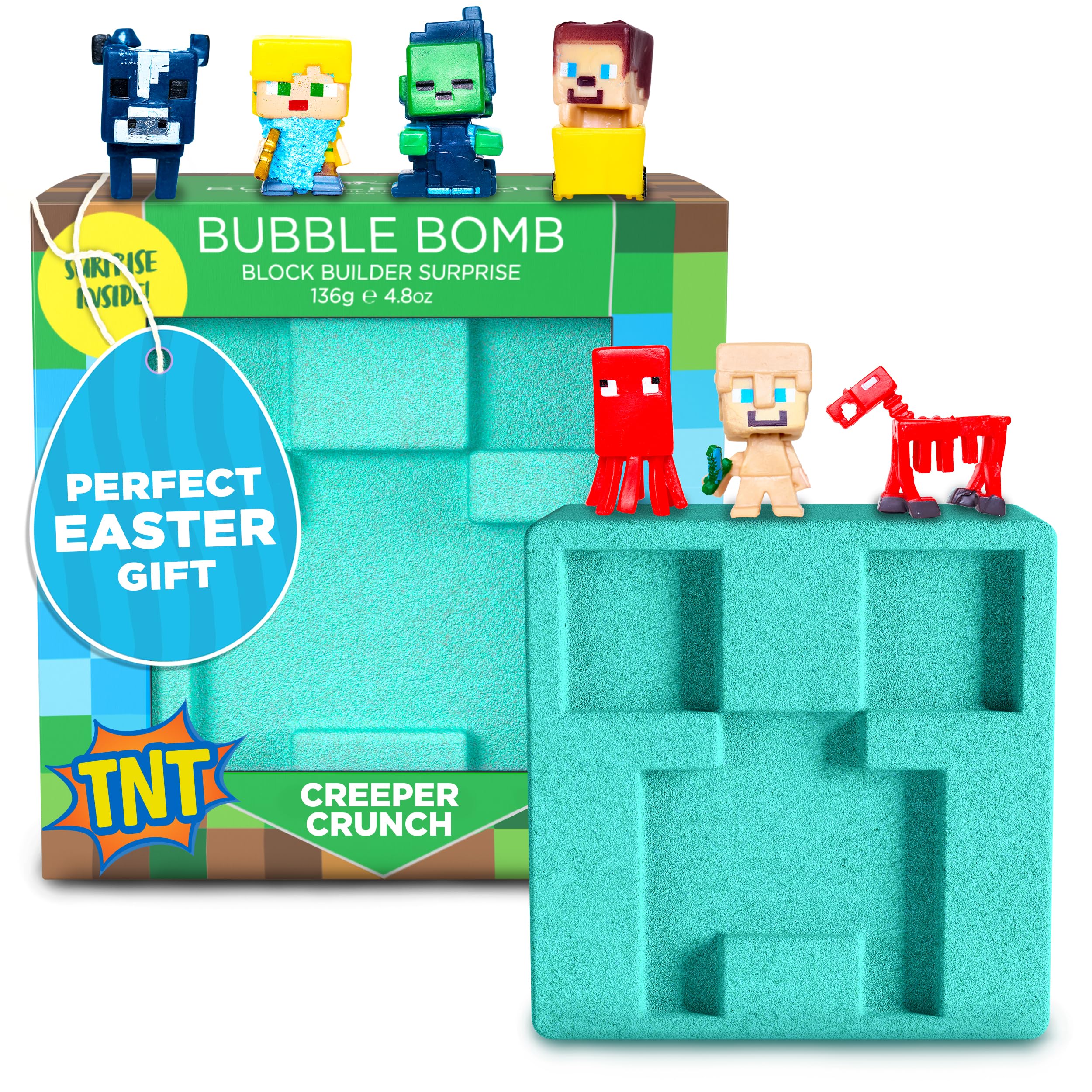 Two Sisters TNT Creeper bath bomb with block inside reveals collectible figure for imaginative play.