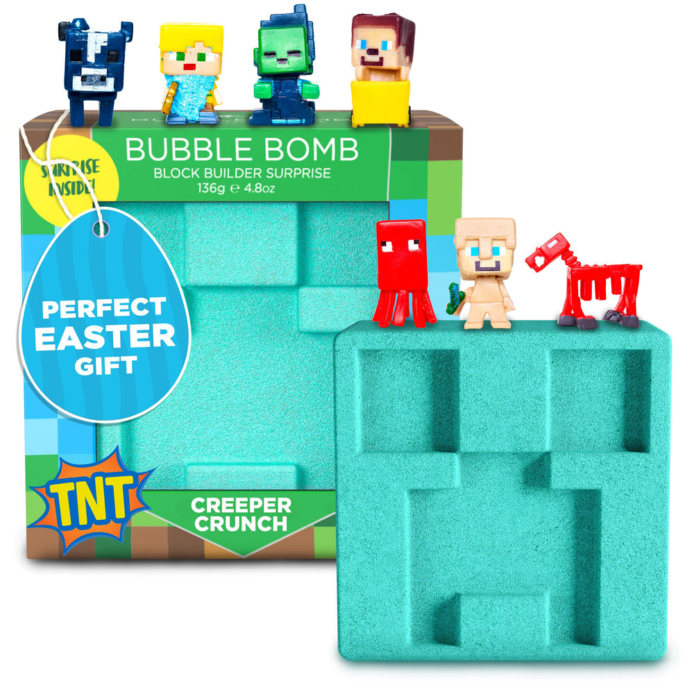 Two Sisters TNT Creeper bath bomb with block inside reveals collectible figure for imaginative play.