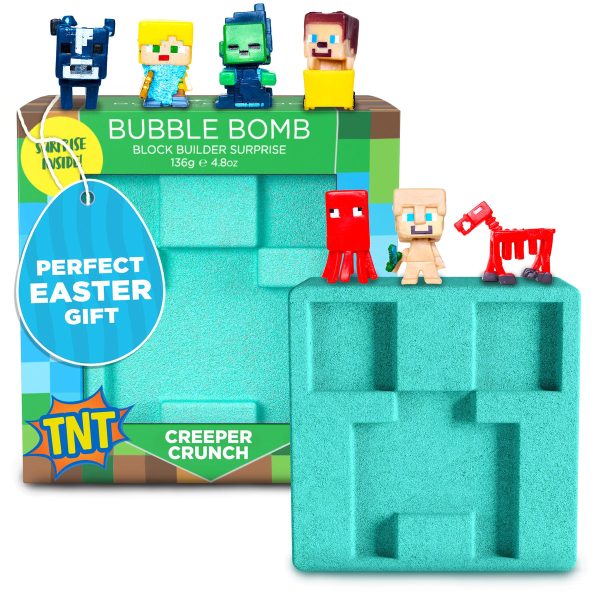 Two Sisters TNT Creeper bath bomb with block inside reveals collectible figure for imaginative play.