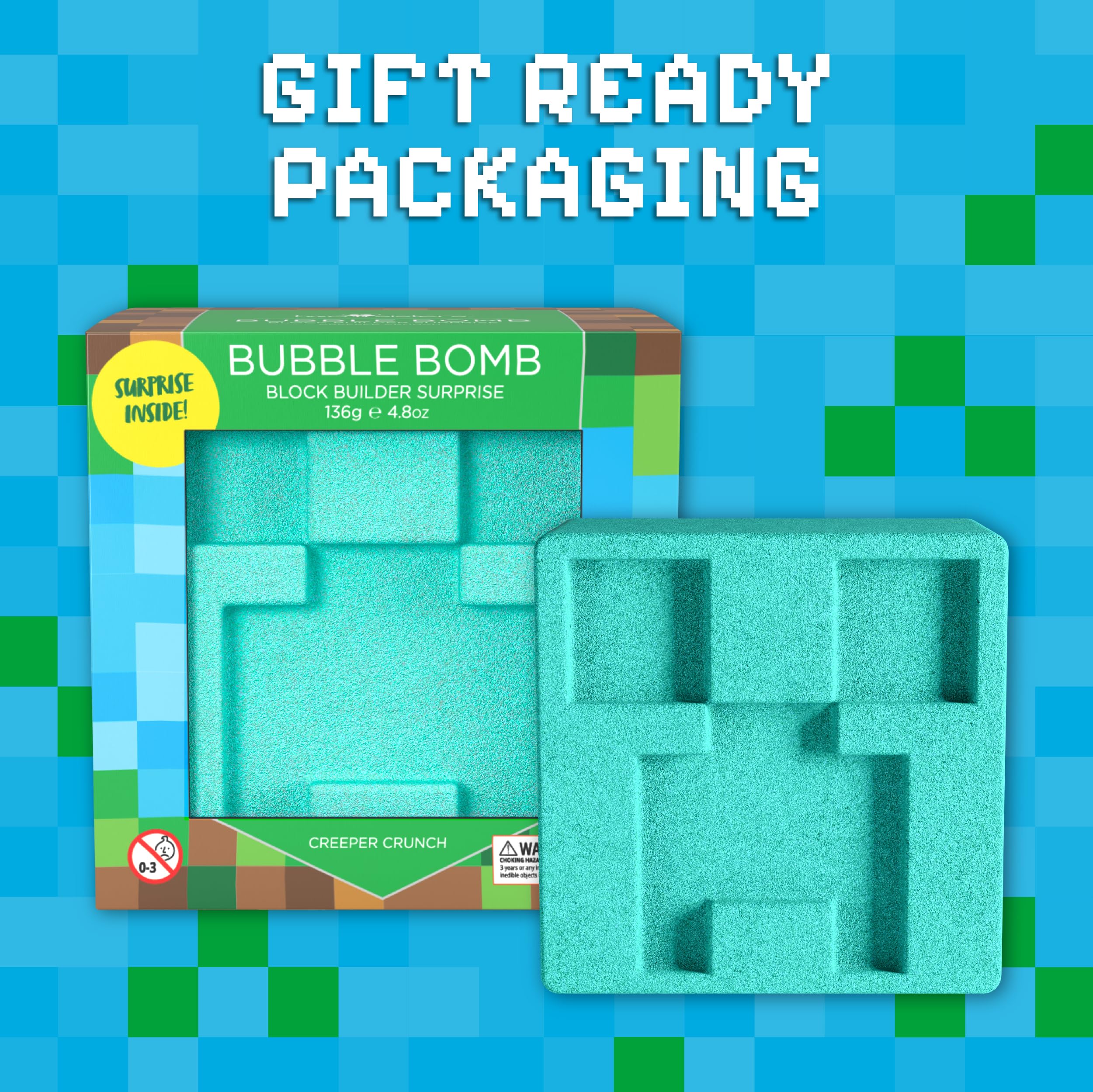 Two Sisters TNT Creeper bath bomb packaging shows gift-ready bath surprise experience.