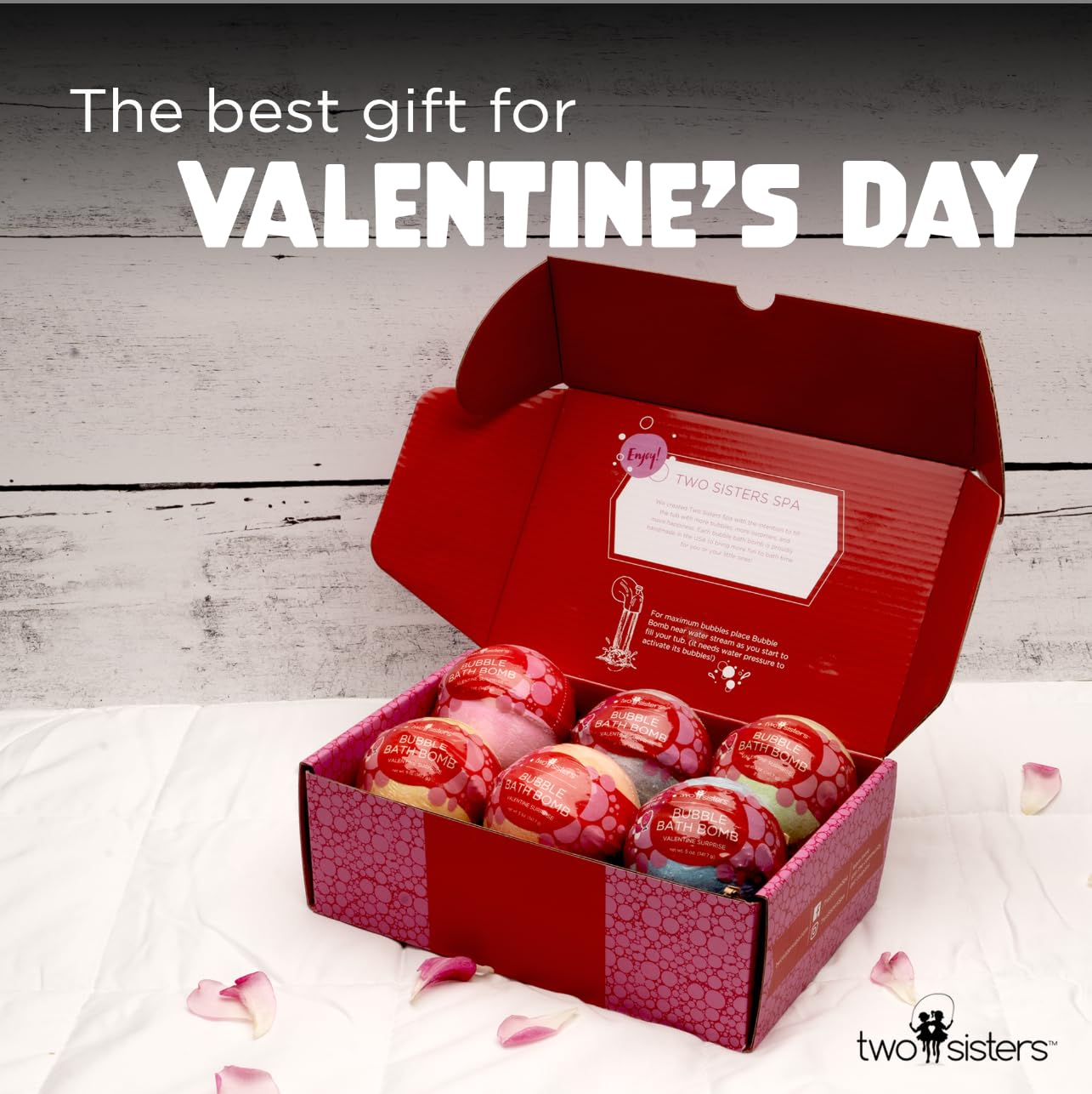 Two Sisters Valentines bath bombs offer fruity scents to spark a fun bath.
