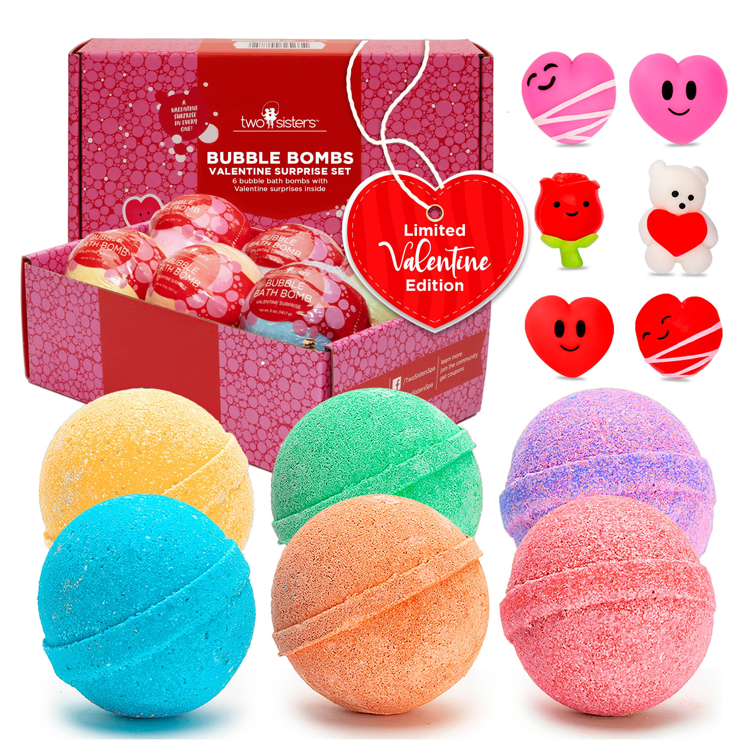 Two Sisters Valentines bath bombs reveal heart toy inside for playful bath time.