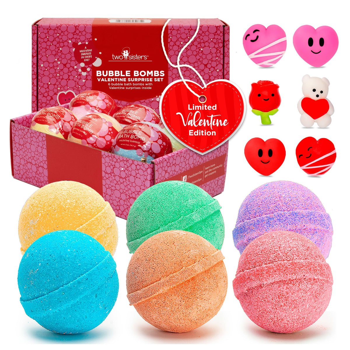 Two Sisters Valentines bath bombs reveal heart toy inside for playful bath time.