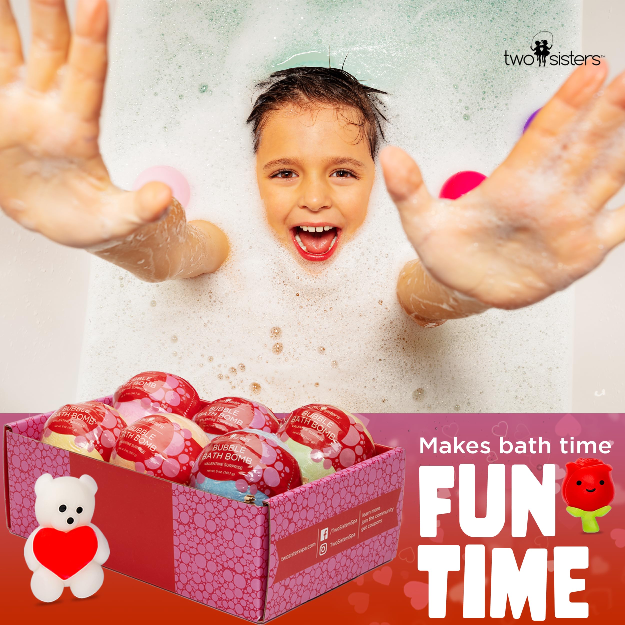 Two Sisters USA-made bath bombs use kid-safe ingredients for worry-free tub fun.