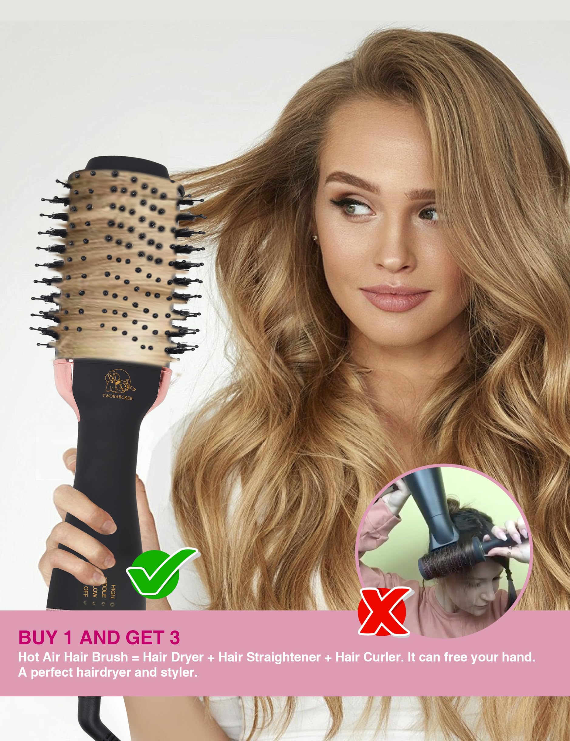 TWOBARCKER hair dryer brush cord with 360-degree rotation enables flexible use.