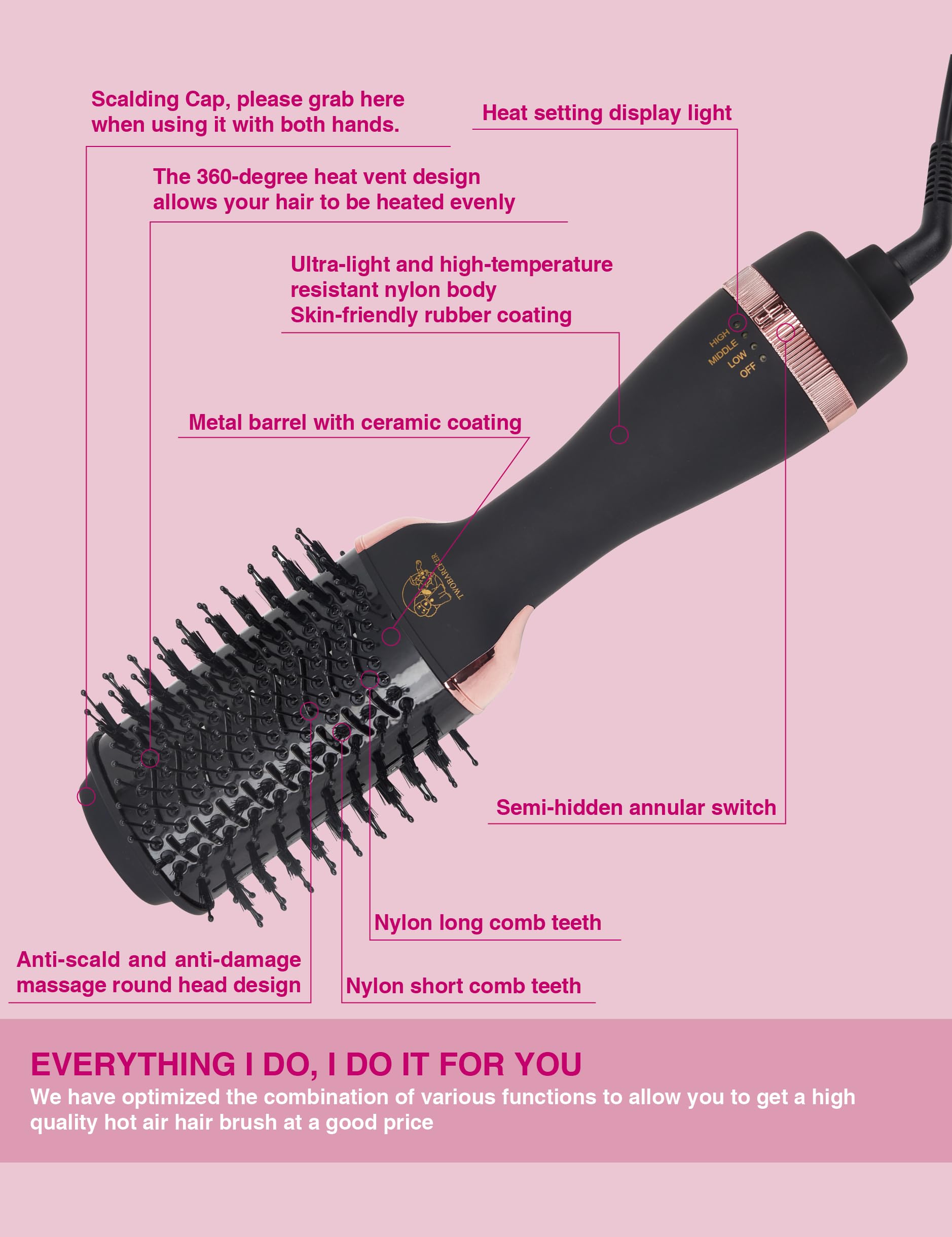 TWOBARCKER hair dryer brush oval titanium barrel close-up for smooth glide.
