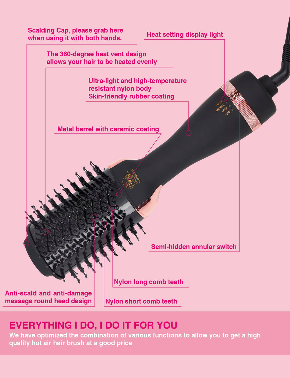 TWOBARCKER hair dryer brush oval titanium barrel close-up for smooth glide.