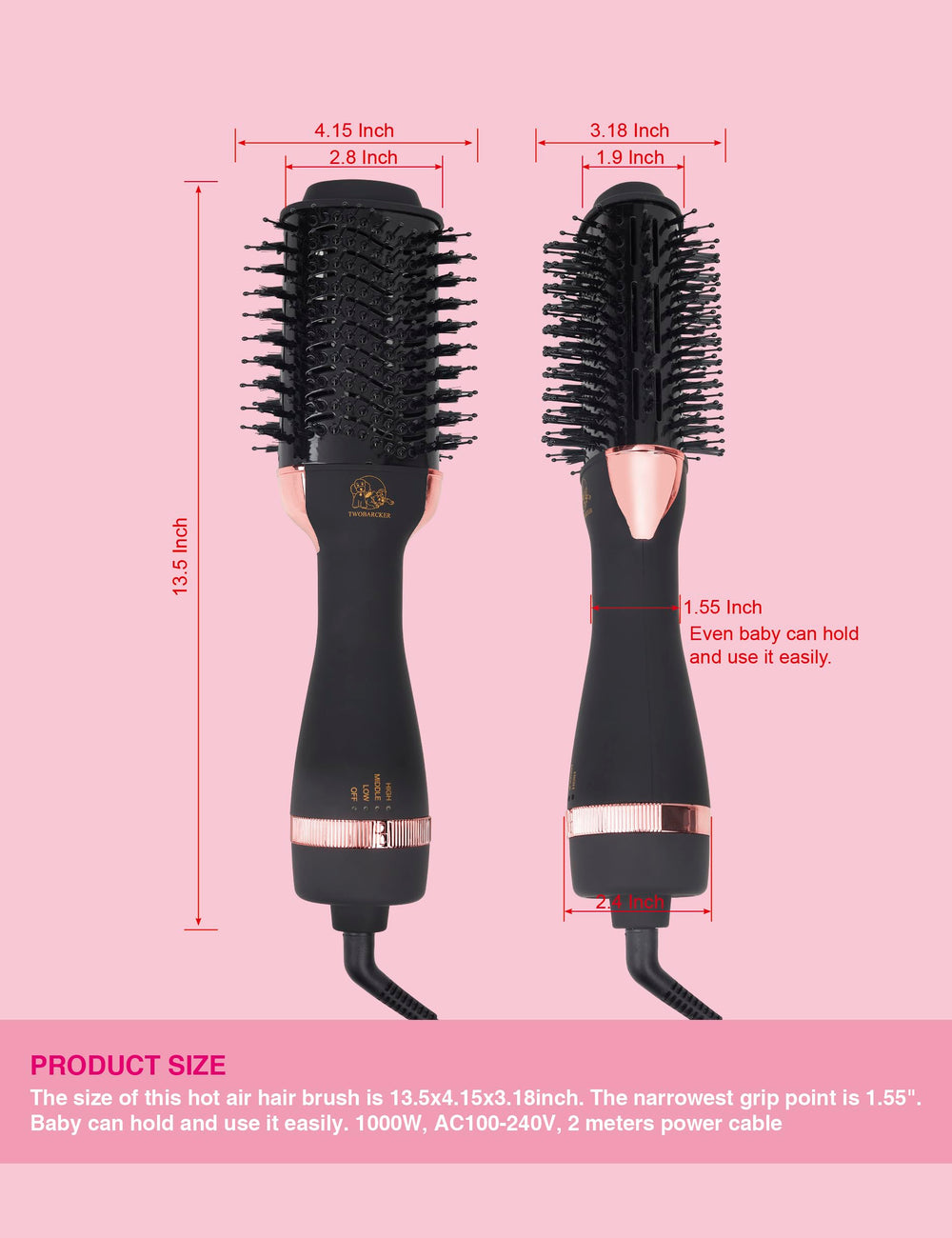 TWOBARCKER hair dryer brush safety certifications label for peace of mind.