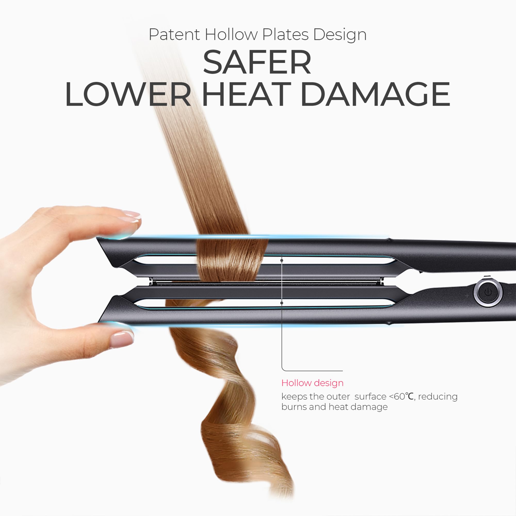 TYMO 2.0 flat iron 2-in-1 straightener and curler for versatility.