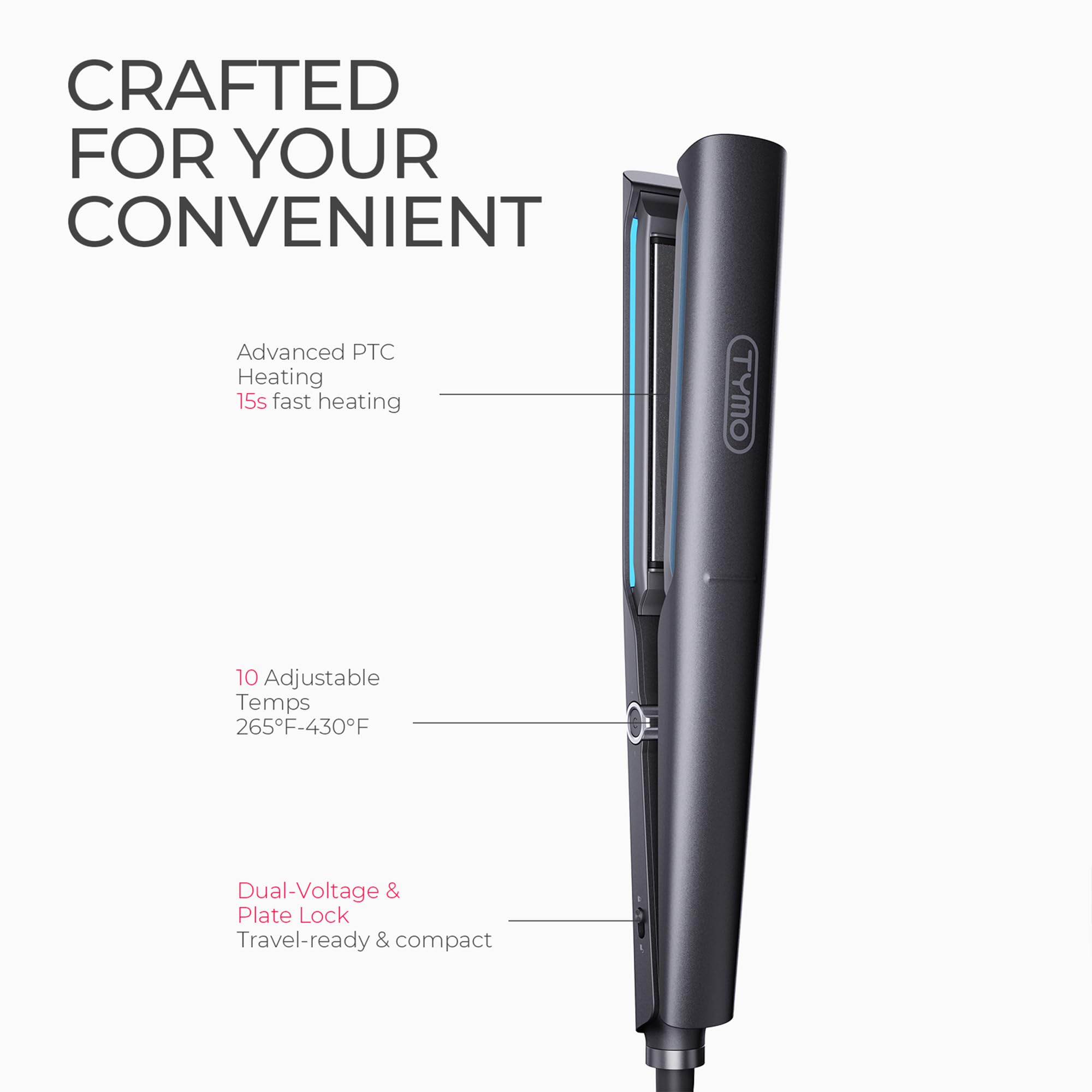 TYMO 2.0 flat iron travel-friendly design with memory and auto shut-off.