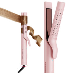 TYMO Airflow 2.0 curling iron pink front view showing durable curl styling possibilities.