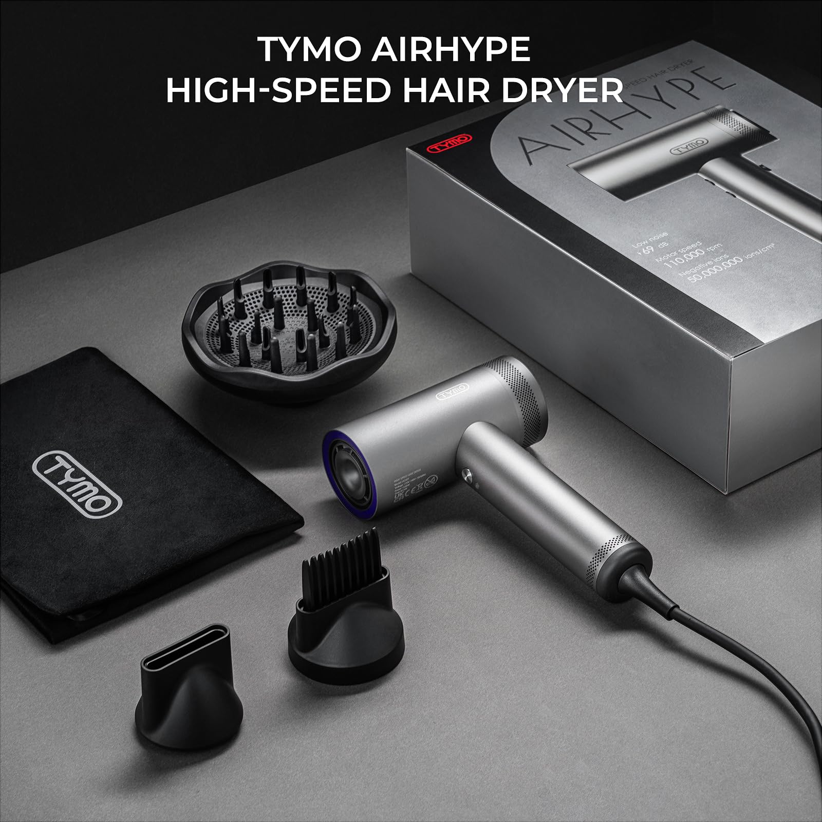 TYMO AIRHYPE 8 ft cord provides flexible styling reach