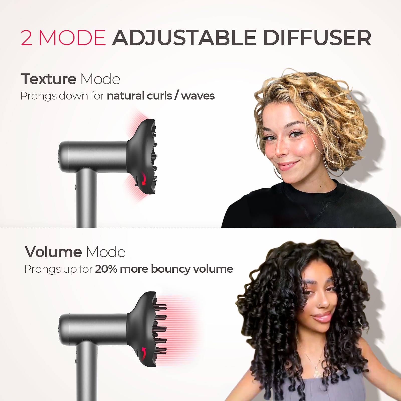 TYMO VersaCurl diffuser prongs-down for defined curls.