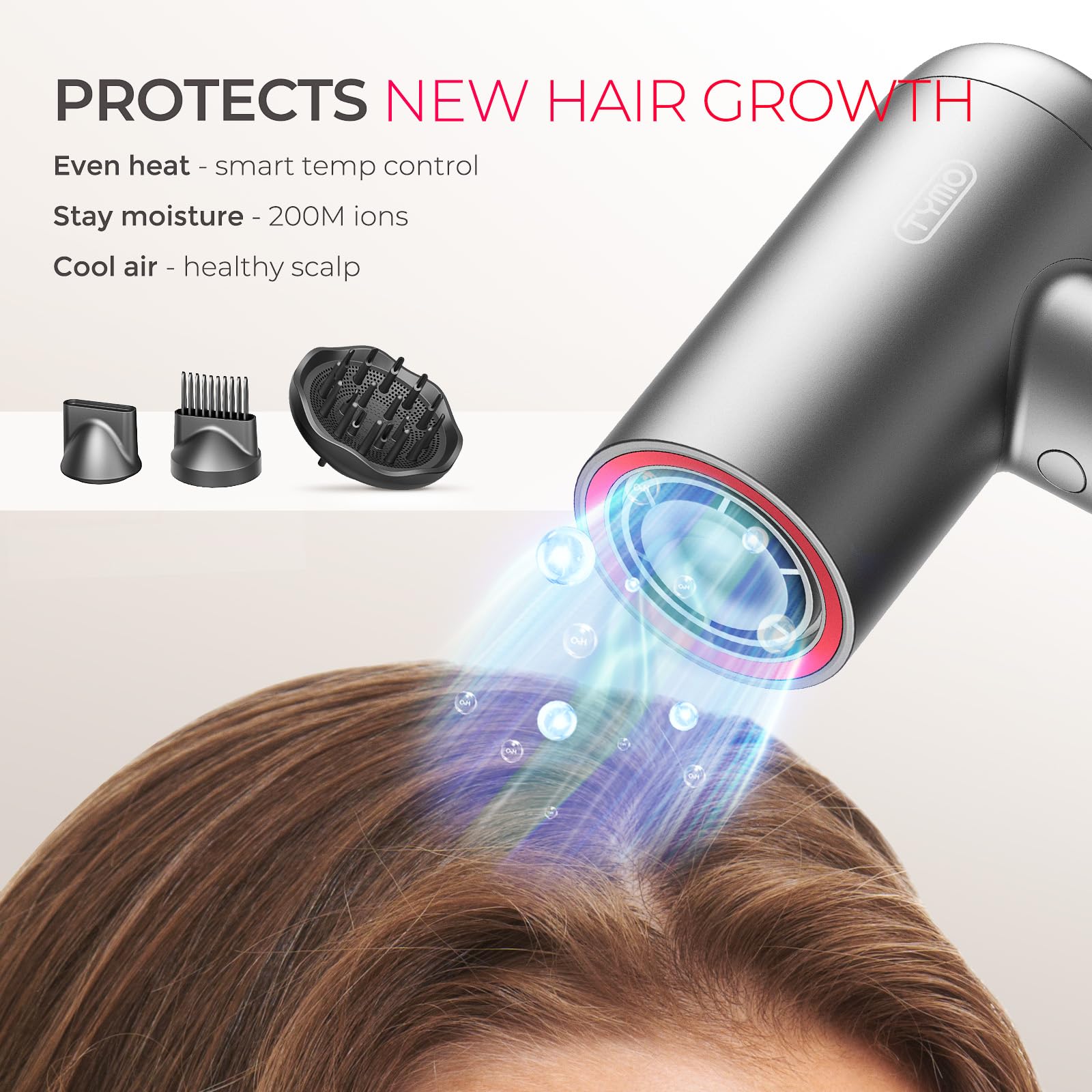 TYMO VersaCurl diffuser prongs-up for root lift and volume.