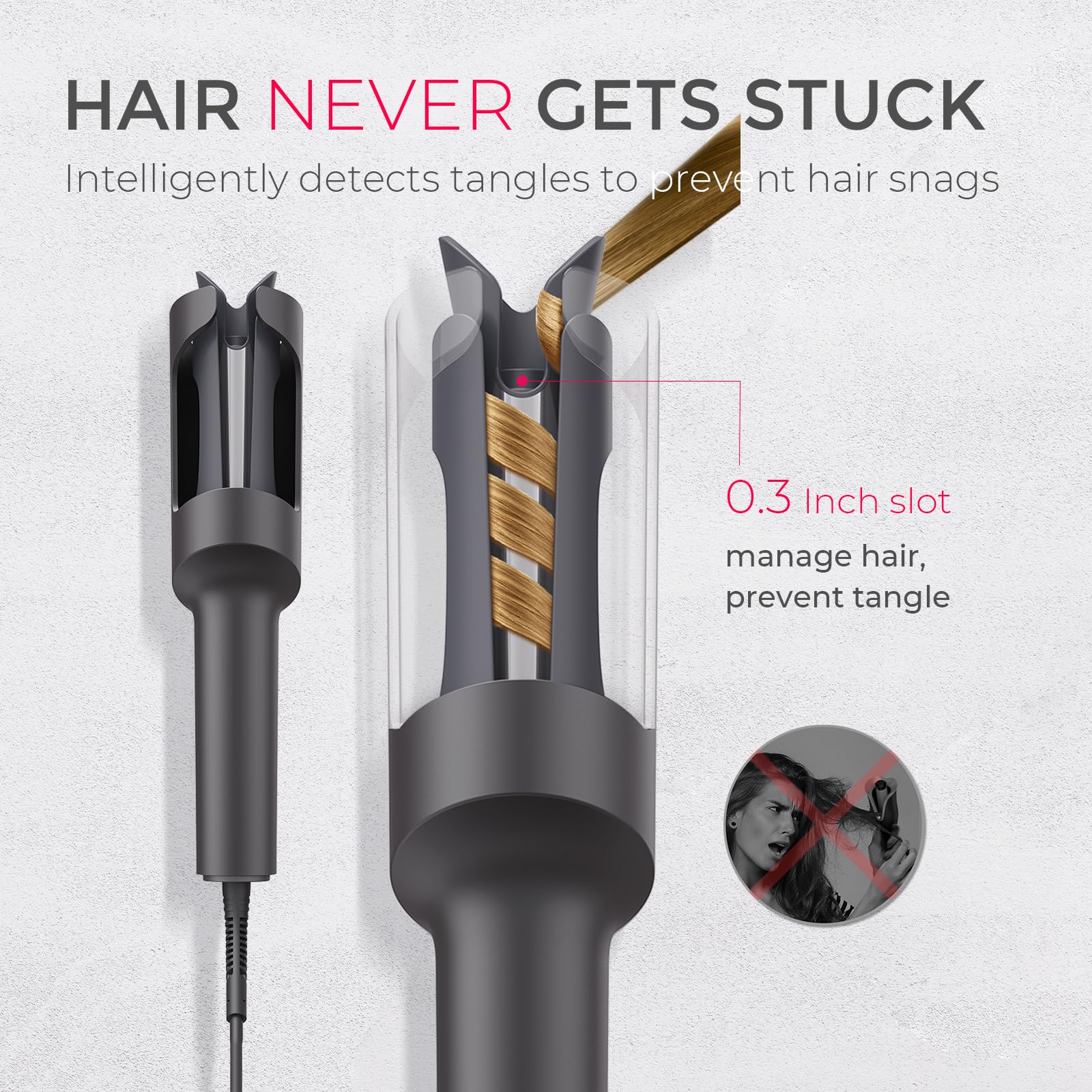 TYMO CURLPRO anti-tangle mechanism prevents snagging for smooth, reliable curling.