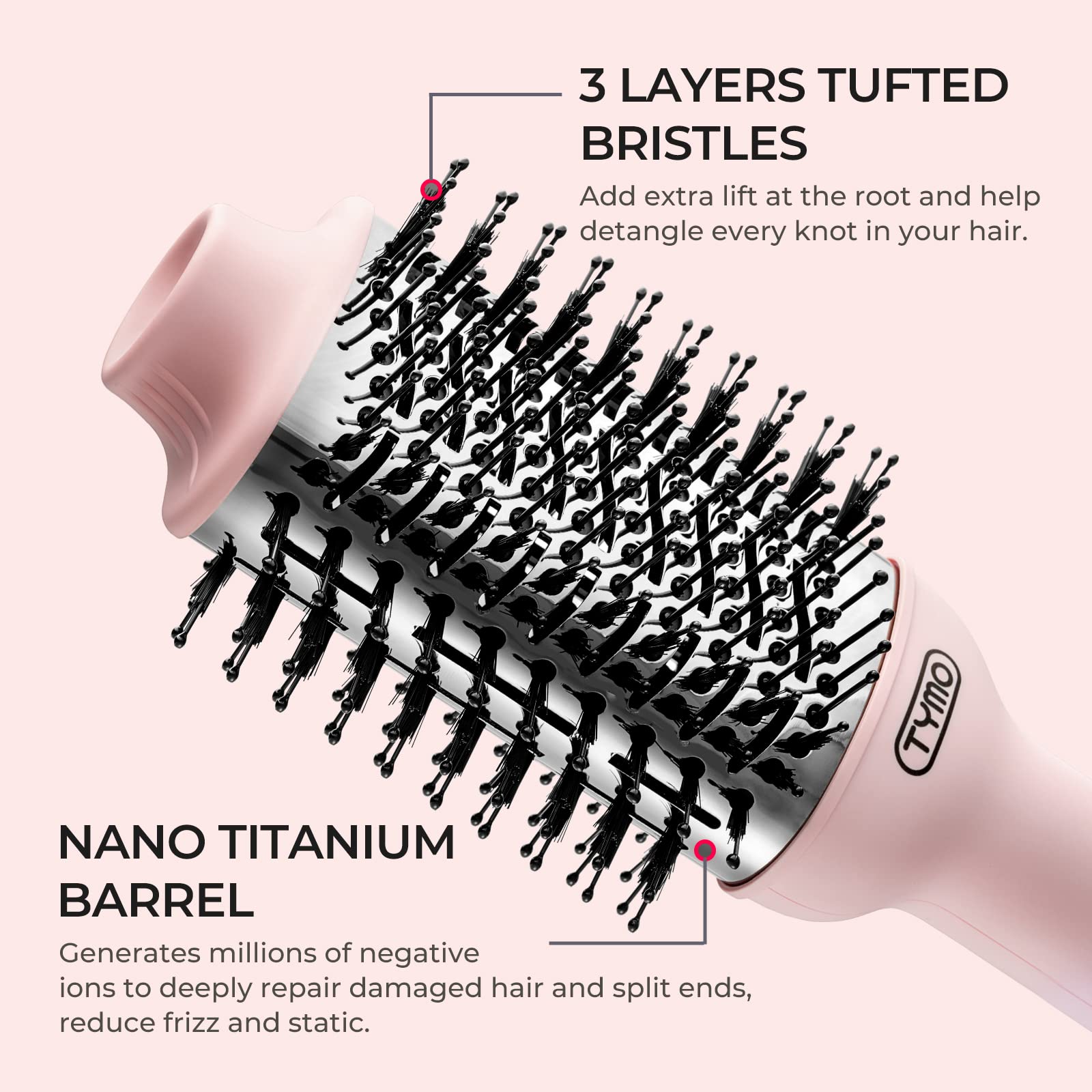 TYMO nylon pin bristles protect from burns while massaging the scalp