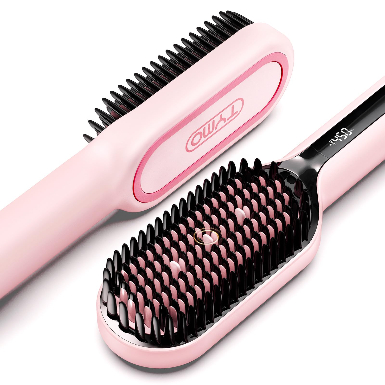 TYMO hair straightener brush with dense bristles for faster, smoother styling.