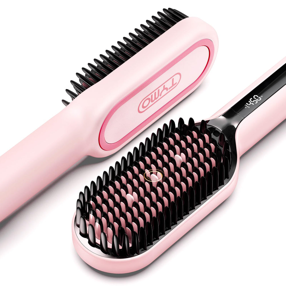 TYMO hair straightener brush with dense bristles for faster, smoother styling.