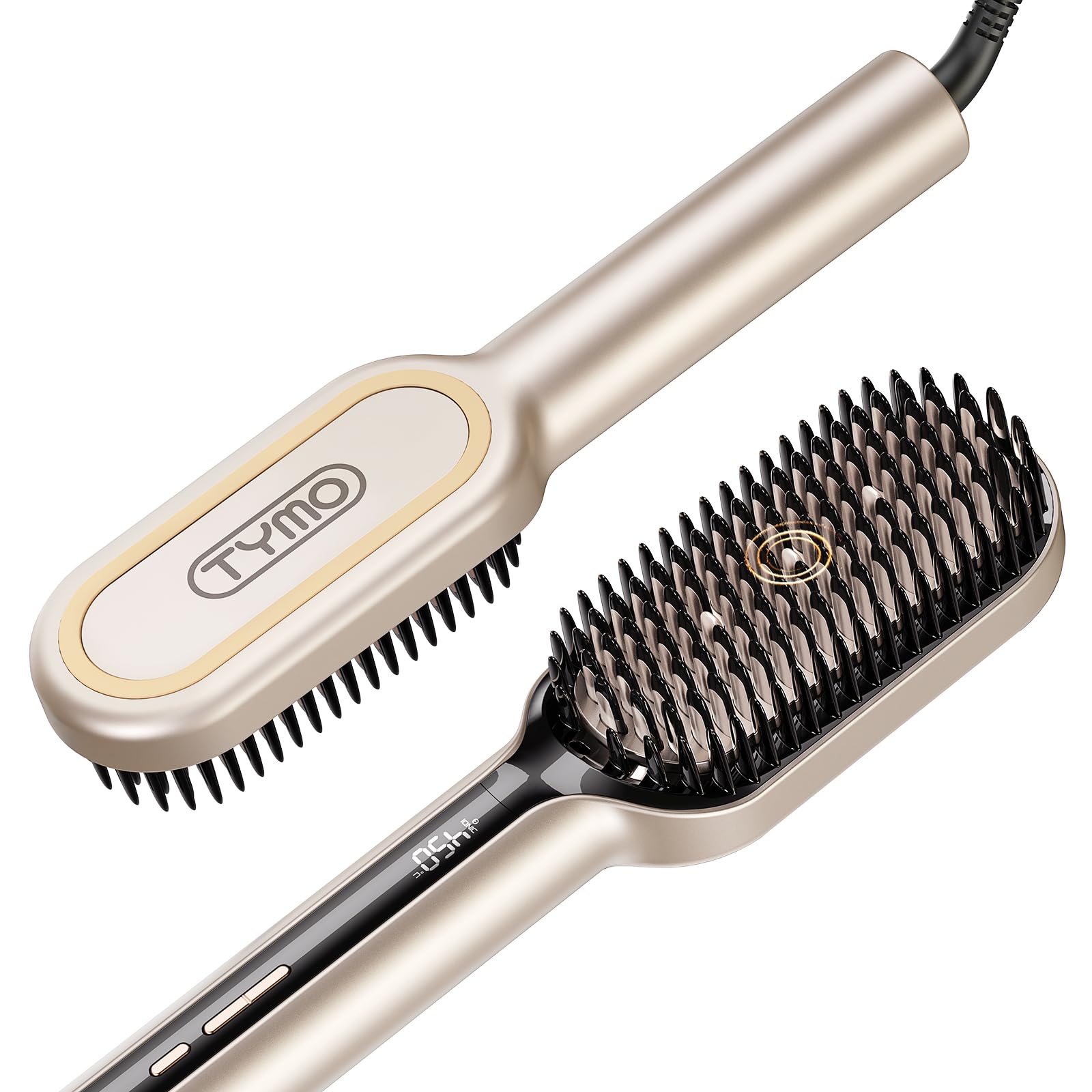TYMO hair straightener brush front view with dense bristles for faster, smoother styling.
