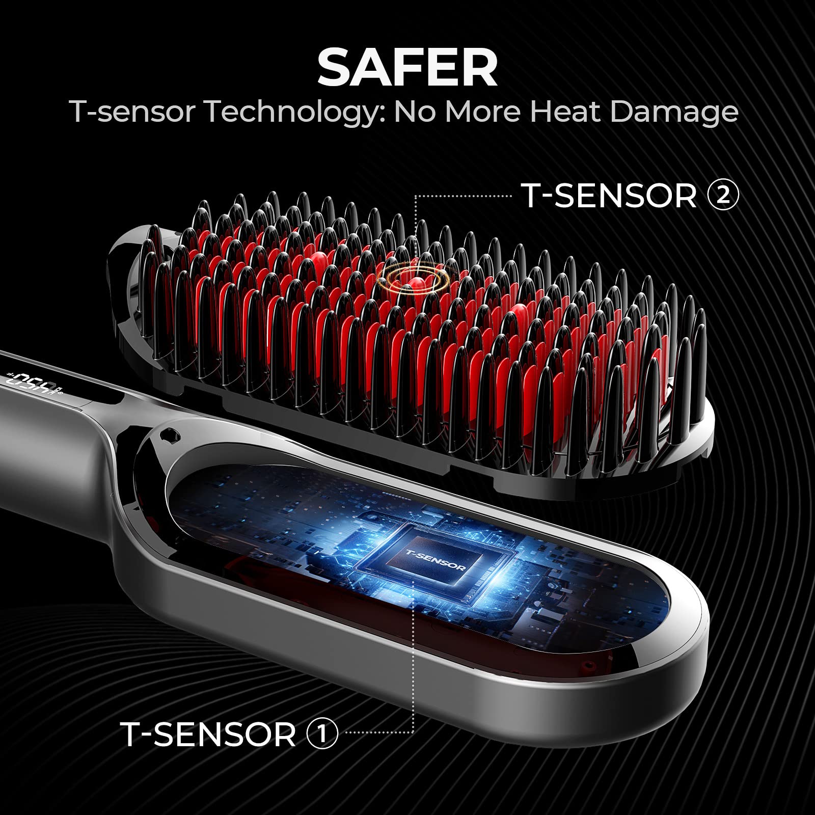 TYMO hair straightener brush showcases T-sensor technology for precise heat control during styling.