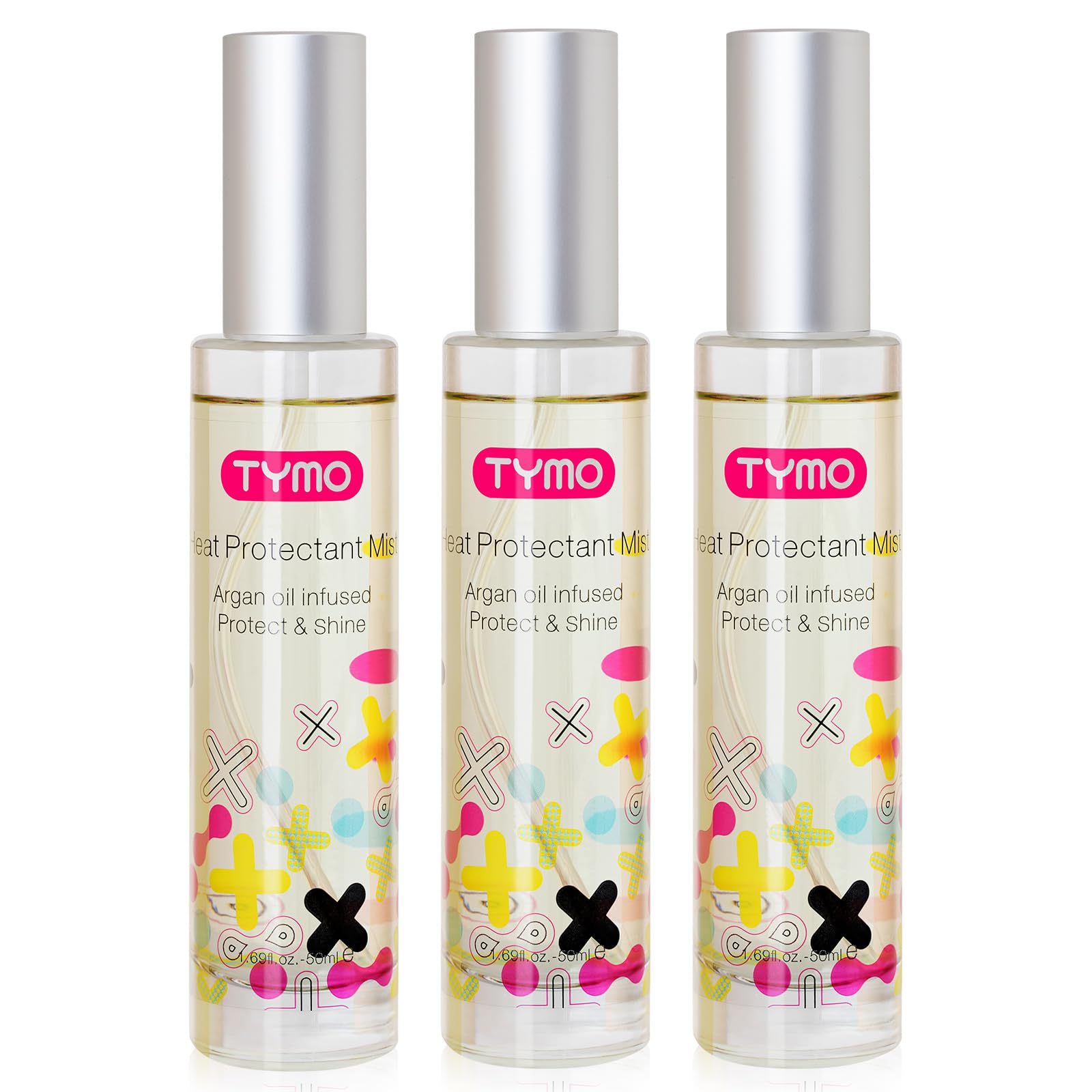 TYMO heat protectant bottle with argan oil for high-heat styling protection.