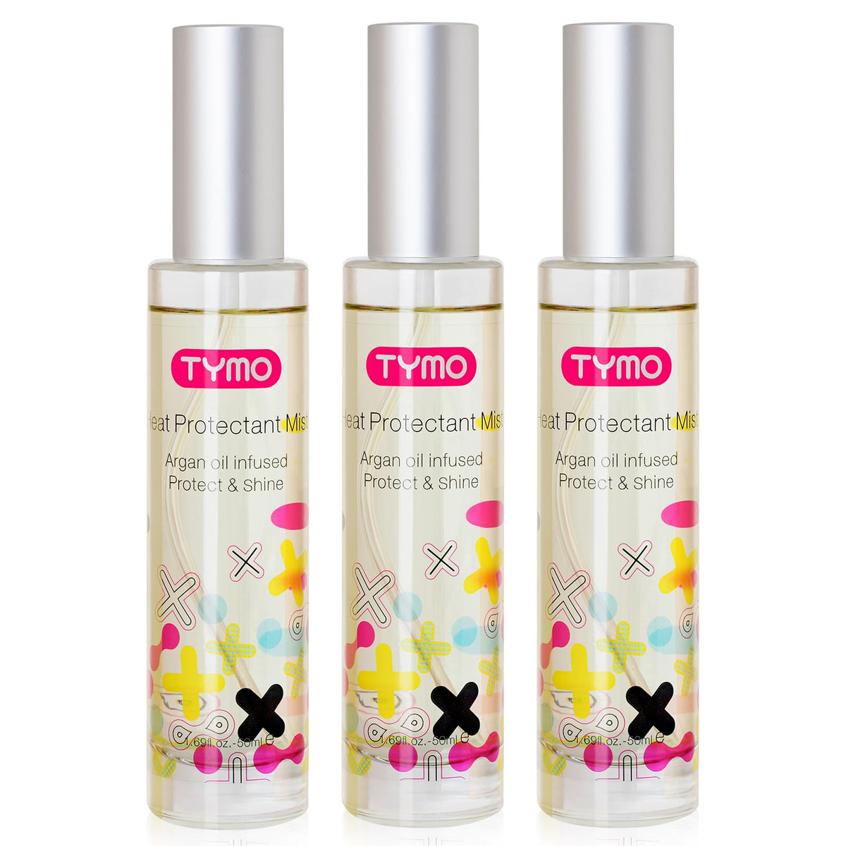TYMO heat protectant bottle with argan oil for high-heat styling protection.