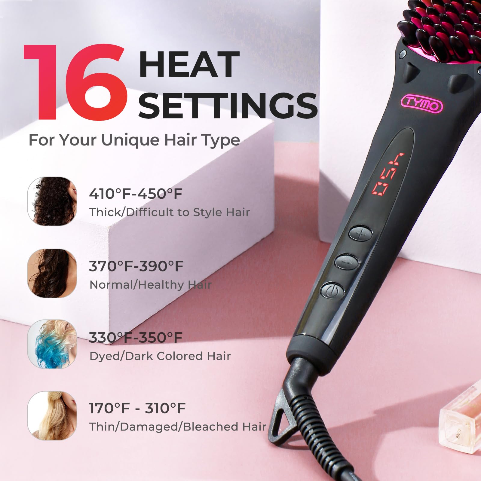 TYMO Ionic Hair Straightener Brush heats quickly in about 30 seconds.