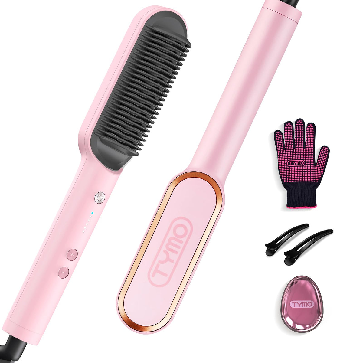 TYMO Ring hair straightener brush in pink for quick smoothing.