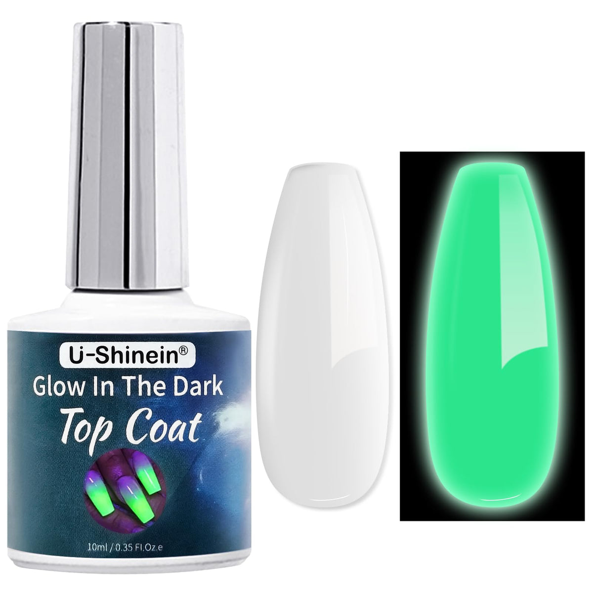 U-Shinein Glow Top Coat bottle glows in the dark for a luminous finish.