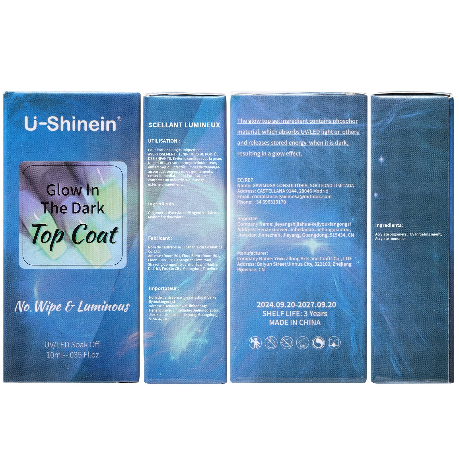 U-Shinein Glow Top Coat glow effect enhances nail art.