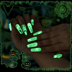 U-Shinein Glow Top Coat on nails emits a bright green glow at night.