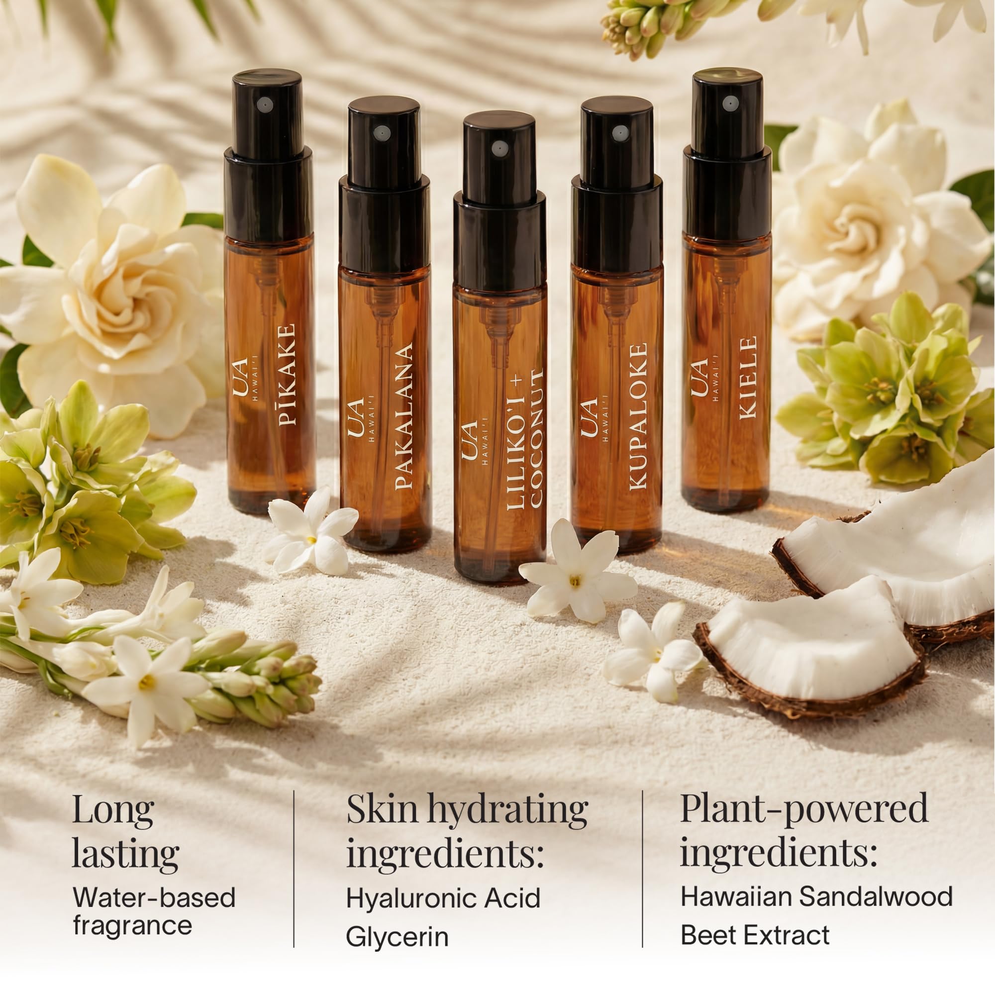 Ua Body Kiele Gardenia mist near neckline, fresh green notes for airy wear.