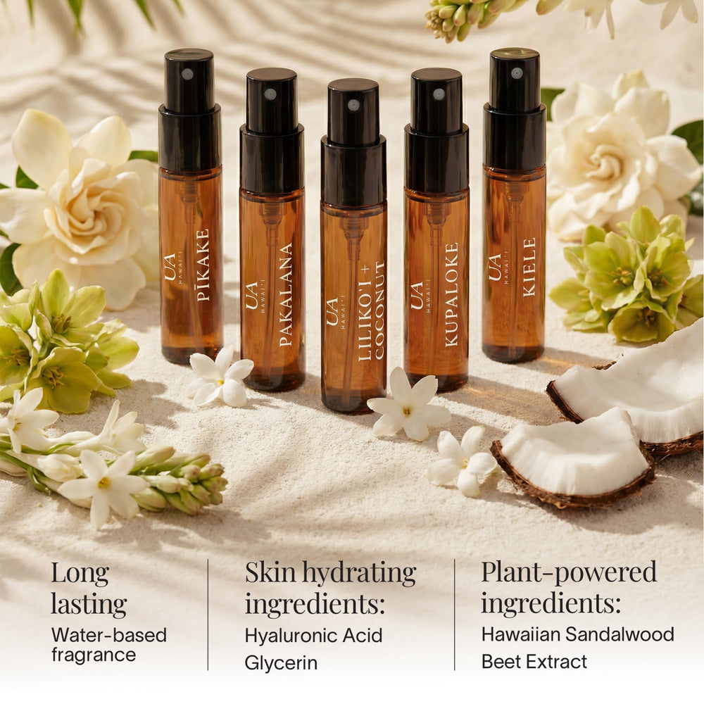 Ua Body Kiele Gardenia mist near neckline, fresh green notes for airy wear.