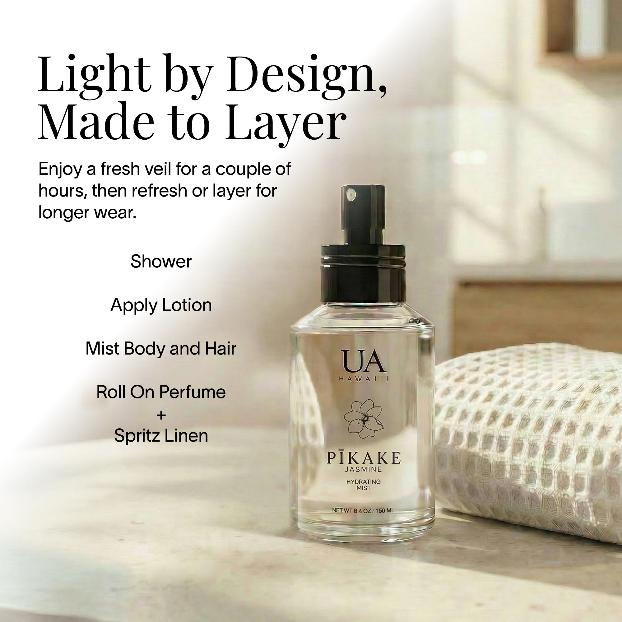 Mist used on linens and rooms to freshen spaces with light fragrance.
