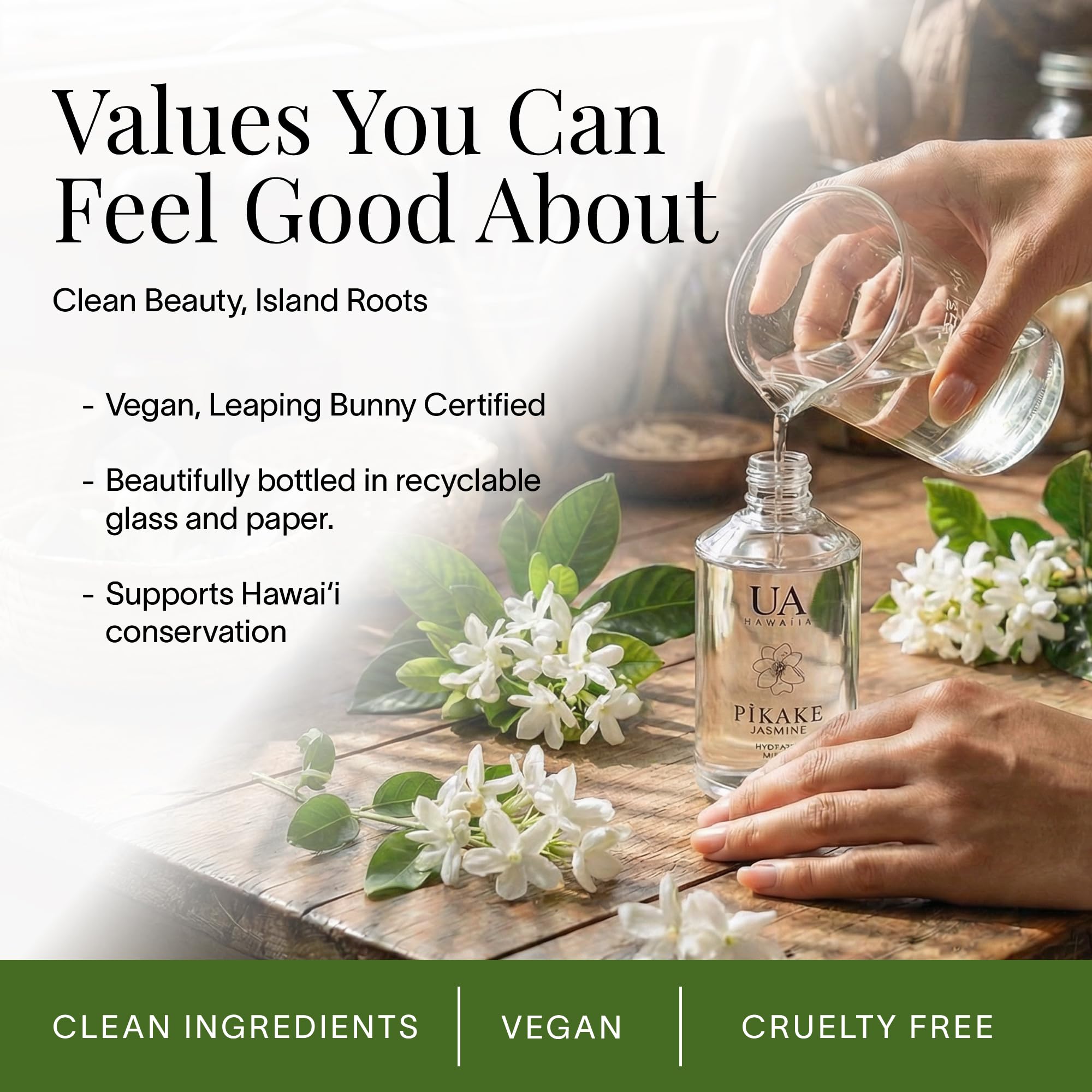 Vegan and cruelty-free badge on Ua Body Pikake product.