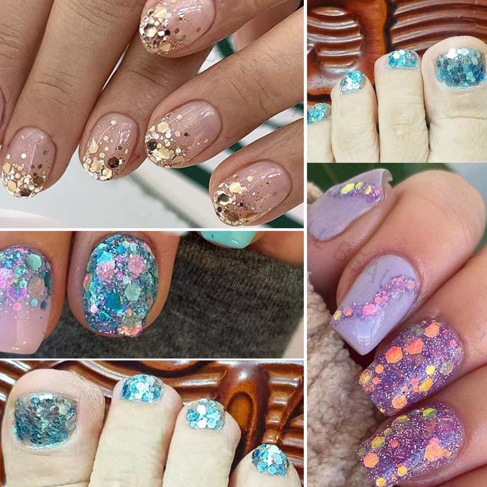 UARUOGP nail art design tips with top coat to seal sequins securely.