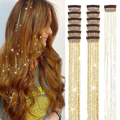 Ubeleco gold hair tinsel 12-pack with clip-in design for easy application