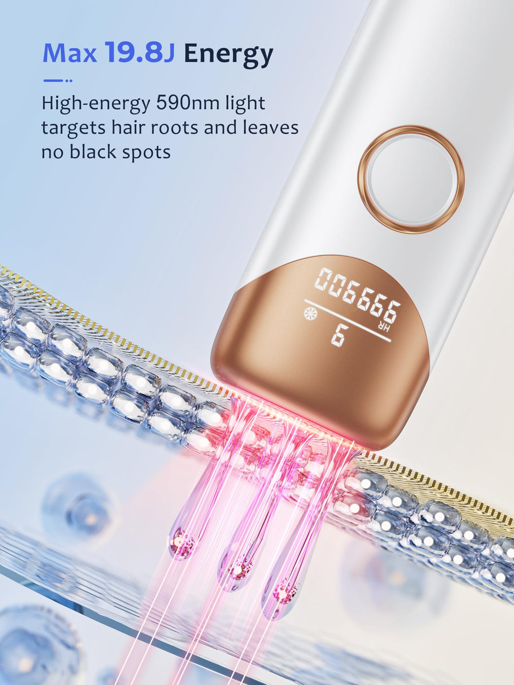 Ubroo IPL wavelength range 590-1200nm for follicle targeting.