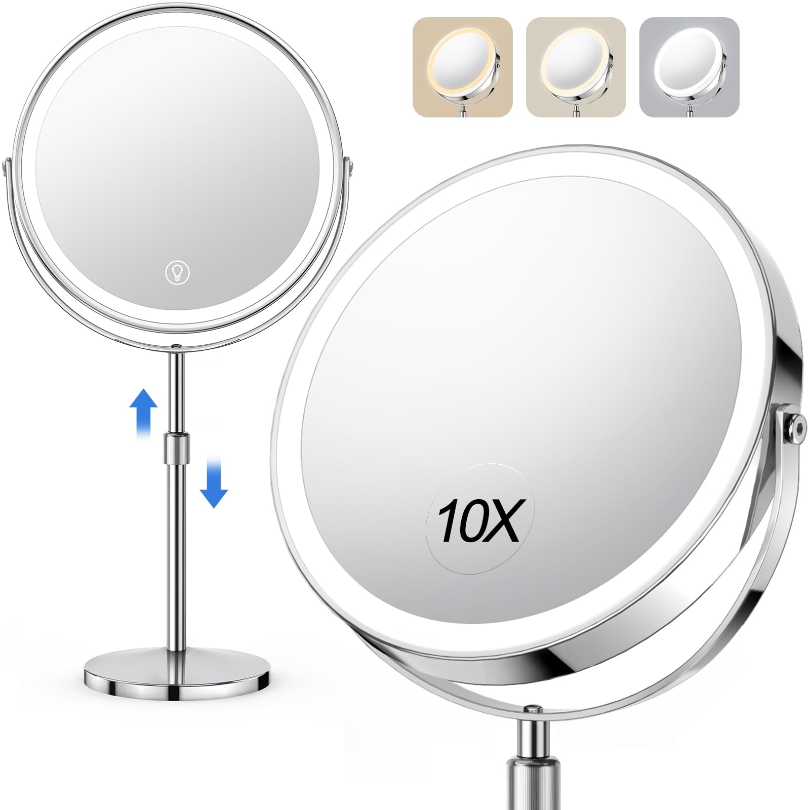 UBYMET lighted makeup mirror showing 1x and 10x magnification for precise makeup tasks.