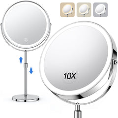 UBYMET lighted makeup mirror showing 1x and 10x magnification for precise makeup tasks.