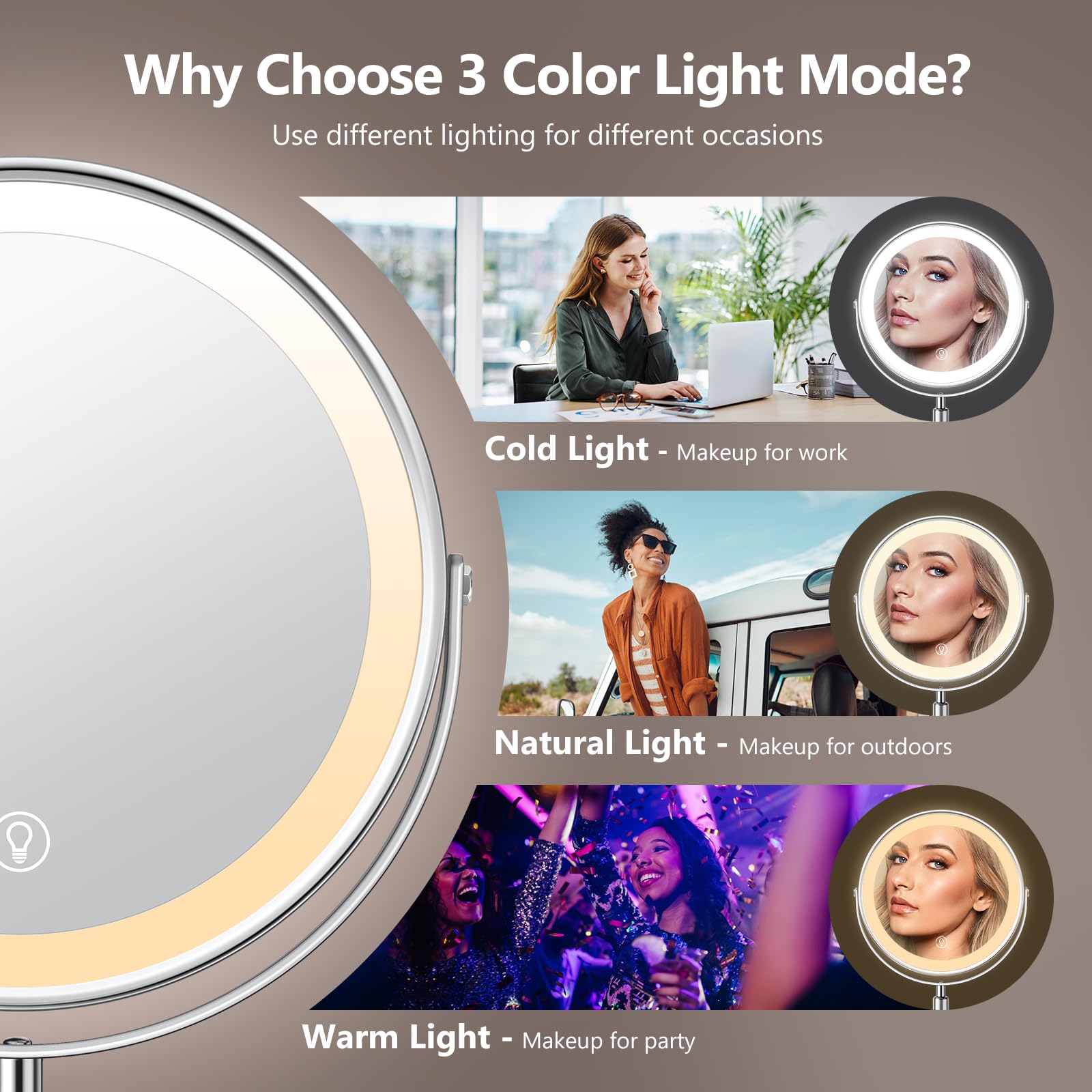 UBYMET rechargeable mirror with 2000mAh battery for wireless operation.