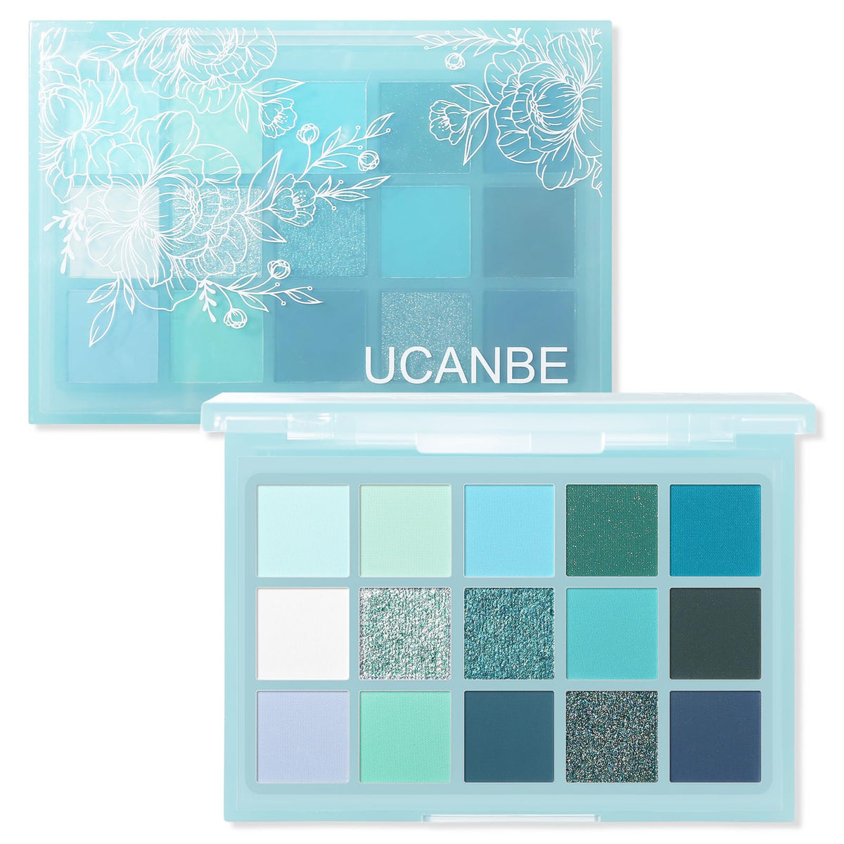 UCANBE 15-color palette open packshot showcasing full shade range for versatile eye looks.