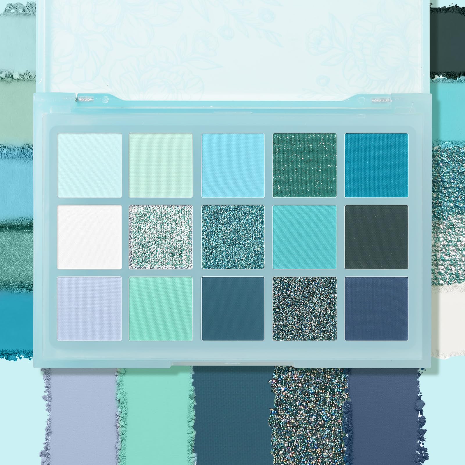 UCANBE 15-color palette shimmer shades closeup highlighting reflective glow for dramatic evening looks.