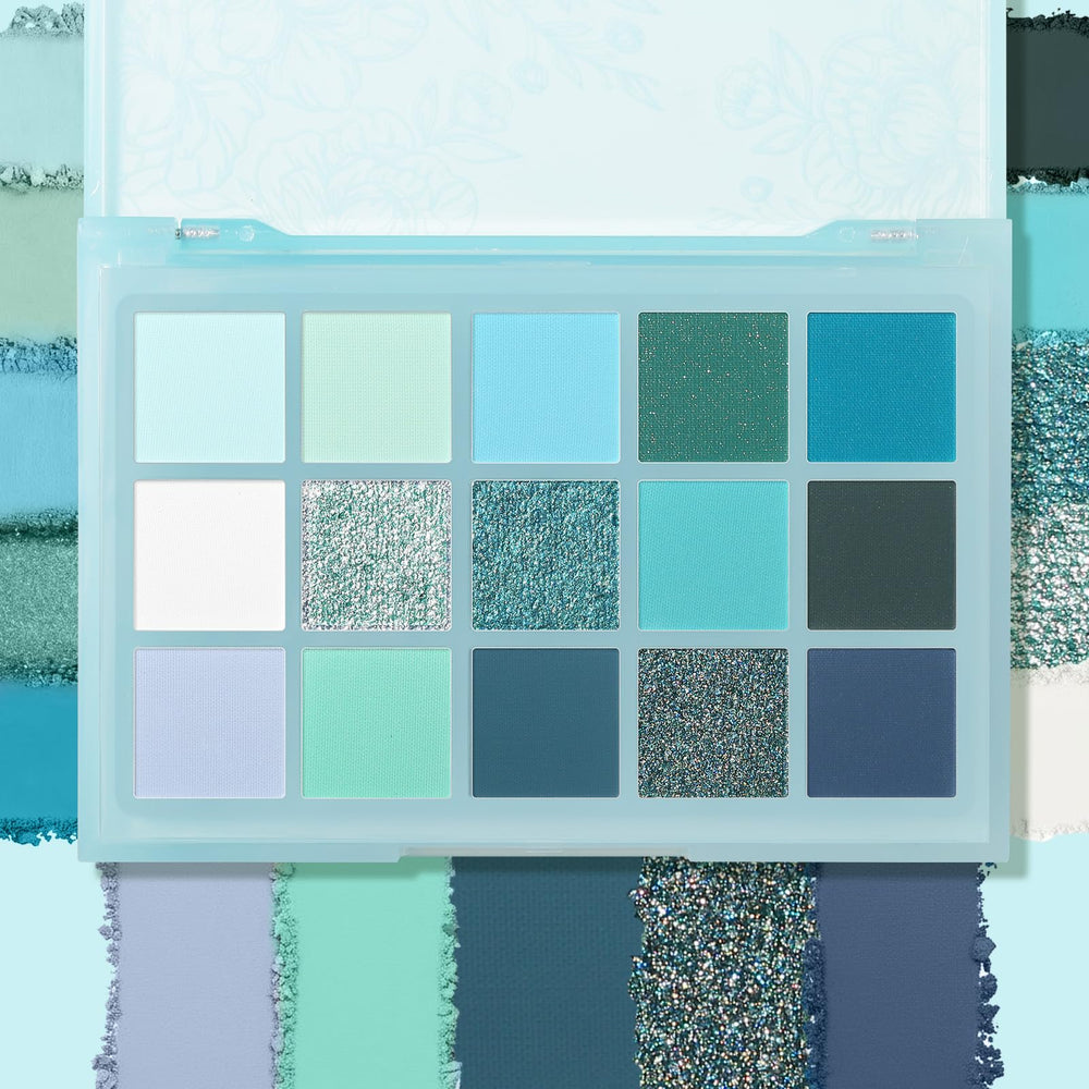 UCANBE 15-color palette shimmer shades closeup highlighting reflective glow for dramatic evening looks.