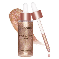 UCANBE brillo corporal rosado dorado 03 en botella, acabado radiante.